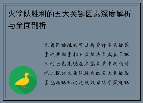 火箭队胜利的五大关键因素深度解析与全面剖析