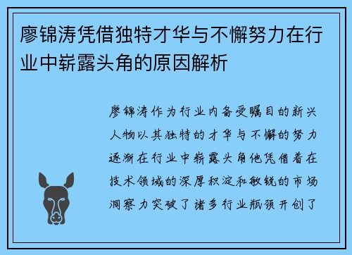 廖锦涛凭借独特才华与不懈努力在行业中崭露头角的原因解析